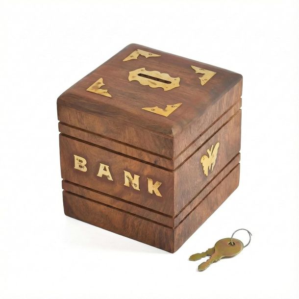 Kids Aura Toy's Wooden Money Bank with Lock and Key - Handcrafted Barrel Coin Box with Antique Finish and Stone Inlay, Decorative Savings Piggy Bank for Kids and Adults (Square Bank)