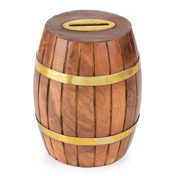 CRPL Handicrafted Wooden Barrel Shaped Money Bank for Children- Woody Finish | Coin Savings Box Piggy Bank | Gifts for Kids, Girls, Boys & Adults | Large Size Money Storage Box