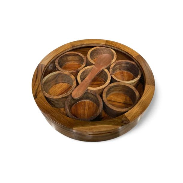 CRPL-KVG Handcrafted Rose Wood Round Spice Box with See-Through Glass Lid | 7 Containers and 1 Spoon | Brown