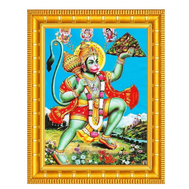 Lord Hanuman Ji- Hanumanji Jai Bajrangbali Photo Frame- Wall Painting Framed Home Decor (Wood, Acrylic, Golden- (Size 26 * 18 cm)
