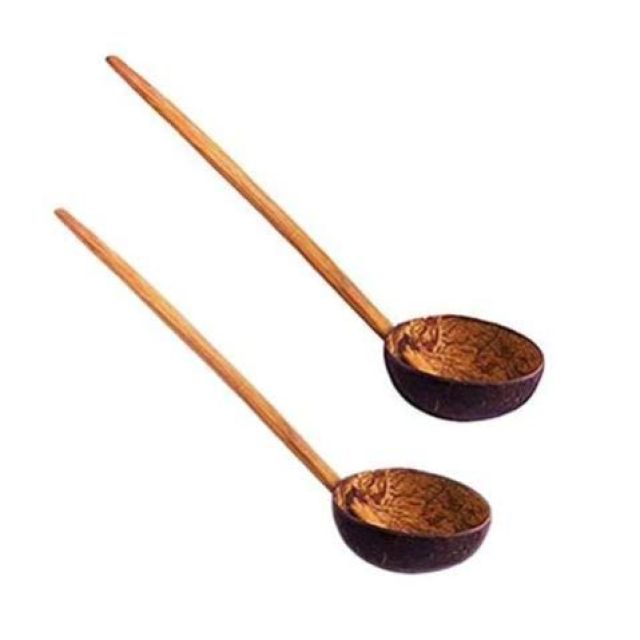 CAMCALL Natural Hand Made Coconut Shell Ladles Set of Two Wooden Spoon for Kitchen, Dining Table for Cooking and Serving