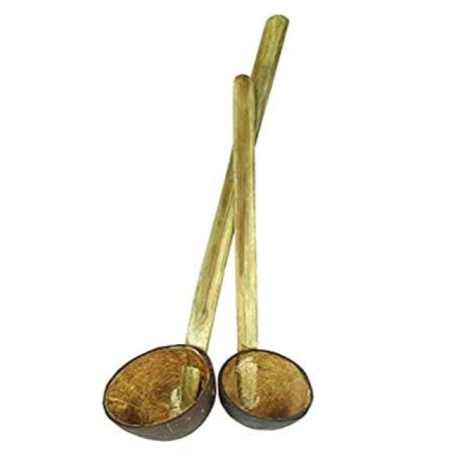Green Coconut Shell Wood Handed Spoon 2 Pieces,(Handmade) 100?o Friendly