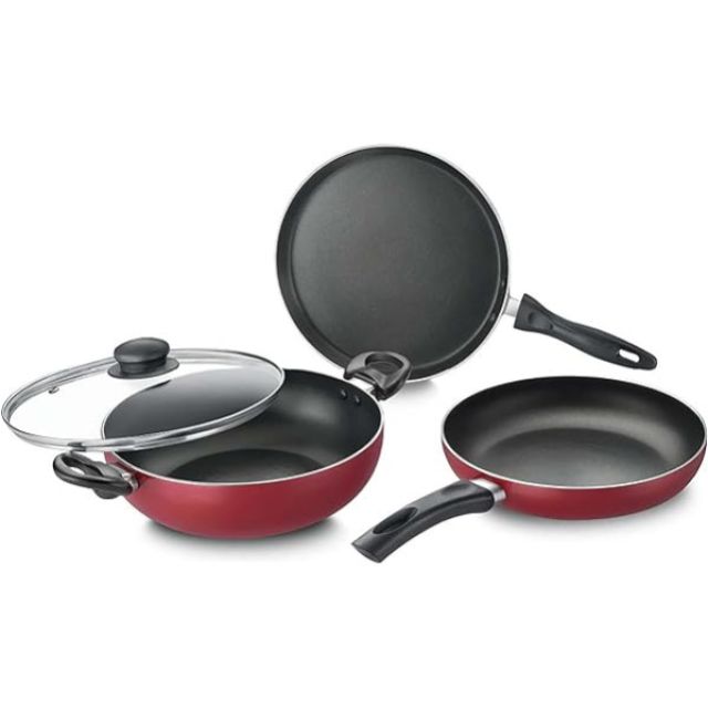 boCHE Appliances Aluminium Fry Pan, Tawa, Kadai Cookware Set, Maroon, 1 Piece Fry Pan, 1 Piece Tawa, 1 Piece Kadai